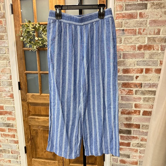Old Navy Pants - Old Navy Pants Women M Blue Striped Linen Blend High Rise Wide Leg Comfort Waist